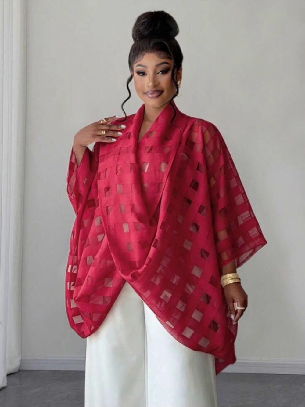 Elegant Women's Red Sheer Poncho Top - Brand: